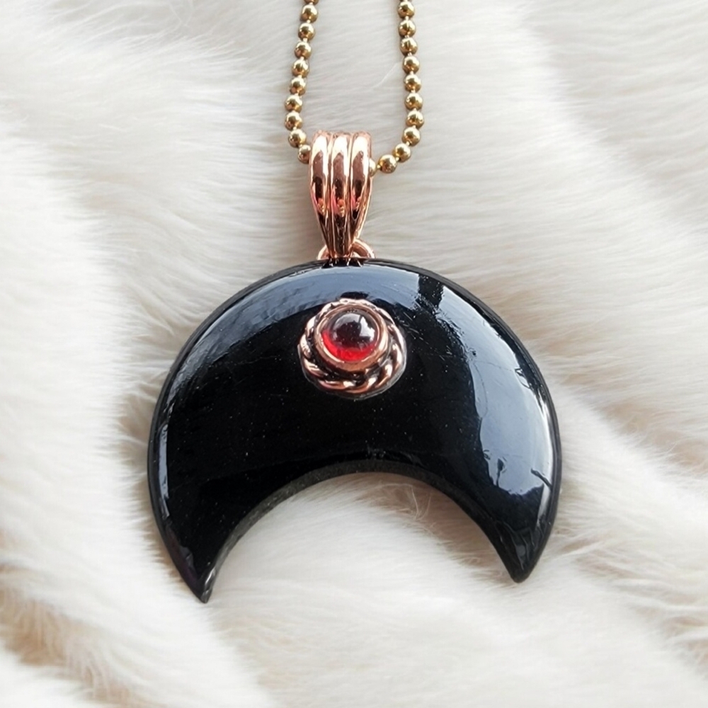 Black Obsidian w/ Garnet Moon Pendant Necklace